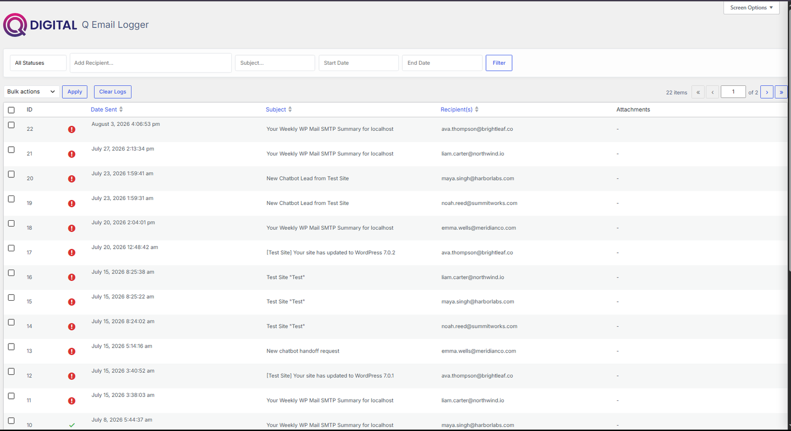 Q Email Logger delivery log